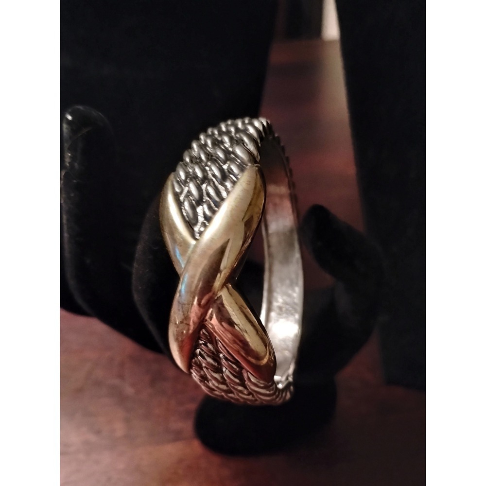 Two Tone Silver Gold Textured Rope Hinged Bangle Bracelet Crossover X Motif